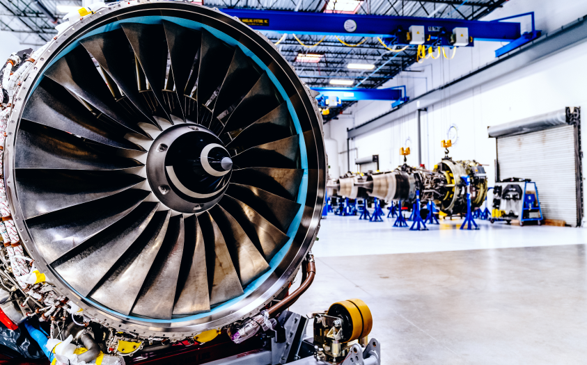 Jet engines sit on engine stands waiting for maintenance Work with Willis to finance engines or aircraft engine stand leasing